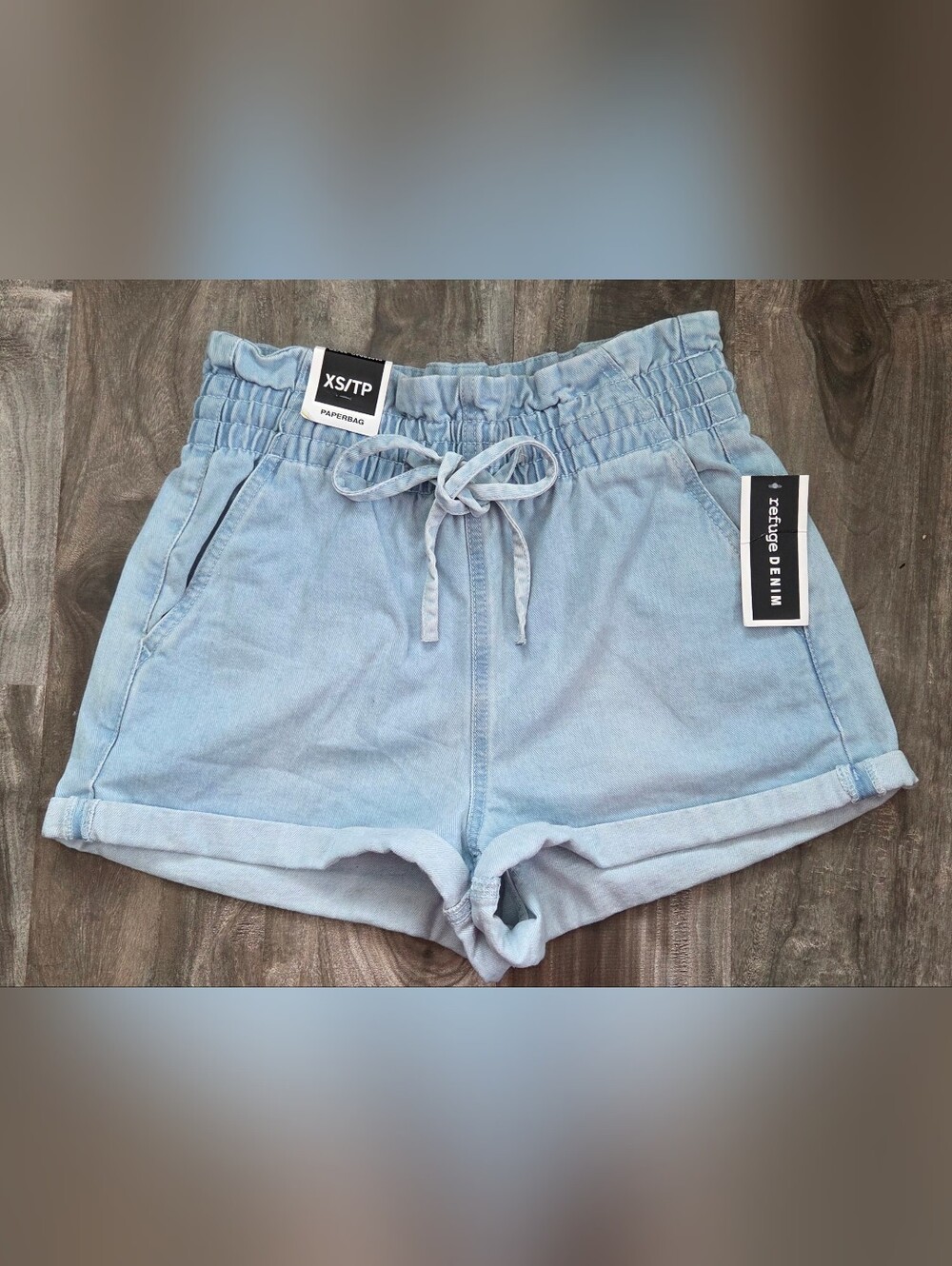 refuge Light Blue Paperbag Waist Denim Shorts